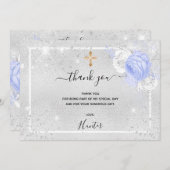 Taufe silber Glitzer blauen Blumen Foto Junge Dankeskarte (Vorne/Hinten)