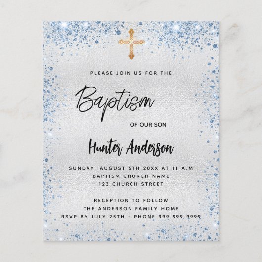 Taufe Silber Glitzer Blue Junge Einladung (Vorderseite)