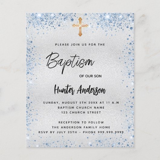 Taufe Silber Glitzer Blue Junge Einladung Flyer (Vorne)