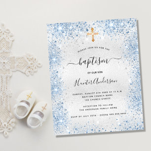 Taufe Silber Glitzer Blue Junge Einladung Flyer