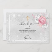 Taufe Silber Glitzer Rosa Floralie Foto Mädchen Dankeskarte (Vorderseite)