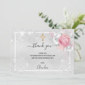 Taufe Silber Glitzer Rosa Floralie Foto Mädchen Dankeskarte (Stehend Vorderseite)