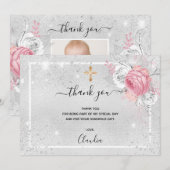 Taufe Silber Glitzer Rosa Floralie Foto Mädchen Dankeskarte (Vorne/Hinten)