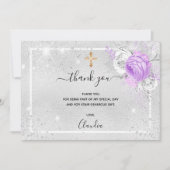 Taufe silber lila Floralflora Foto Mädchen Dankeskarte (Vorderseite)