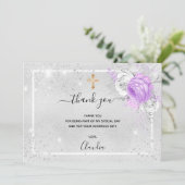 Taufe silber lila Floralflora Foto Mädchen Dankeskarte (Stehend Vorderseite)