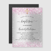 Taufe silber pink Glitzer Mädchen Einladung Magnet (Vorne/Hinten)