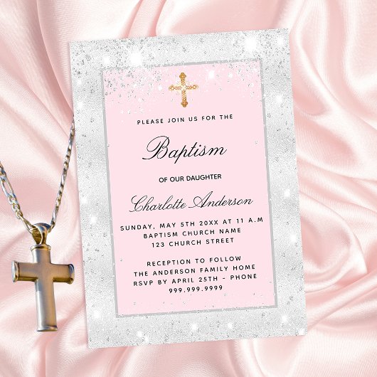 Taufe silber pink Glitzer Mädchen Kreuz elegant Einladung