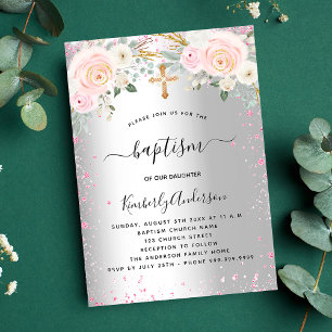 Taufe silber pinkfarbene Blumen Glitzer Mädchen el Einladungspostkarte