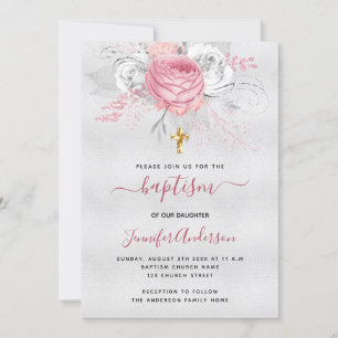 Taufe silber pinkfarbene Blumen Mädchen elegant we Einladung