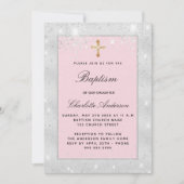 Taufe silber pinkfarbene Glitzer Mädchen übertreff Einladung (Vorderseite)