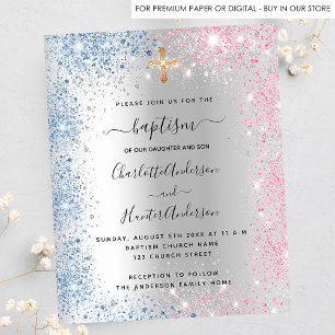 Taufe silberblau pinkfarbene Zwillinge Junge Einla Flyer