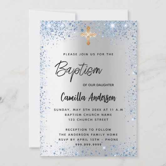 Taufe Silberblauer Glitzer Einladung (Vorderseite)