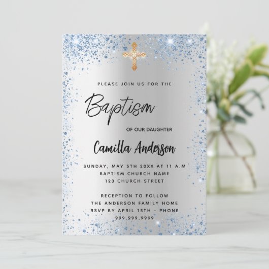 Taufe Silberblauer Glitzer Einladung (Stehend Vorderseite)