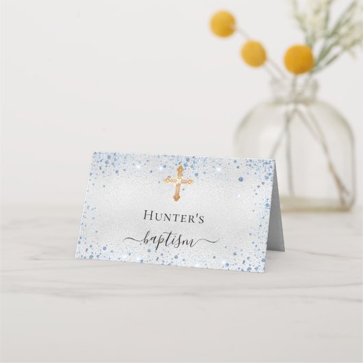 Taufe silberblauer Glitzer Glitzern Platzkarte (Rückseite)