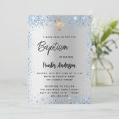 Taufe silberblauer Glitzer Luxus Einladung (Stehend Vorderseite)