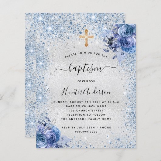 Taufe Silberblauer Junge Blumenzettel (Vorne/Hinten)