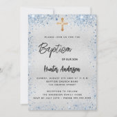 Taufe silberblauer Junge Gold Kreuz Glitzern Luxus Einladung (Vorderseite)