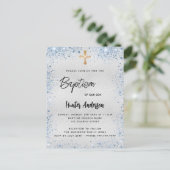 Taufe silberblauer Junge Goldkreuz Glitzern Einladungspostkarte (Stehend Vorderseite)