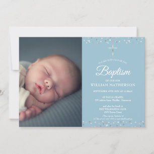 Taufe, Silberherzen-Foto zur Christening Einladung