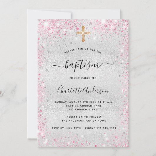 Taufe silberrosa Glitzer Mädchen modern Einladung (Vorderseite)