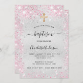 Taufe silberrosa Glitzer Mädchen modern Einladung (Vorne/Hinten)