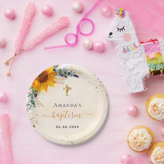 Taufe Sonnenblumen Eukalyptus Glitzer modern Pappteller (Party)