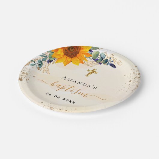 Taufe Sonnenblumen Eukalyptus Glitzer modern Pappteller (Schrägansicht)