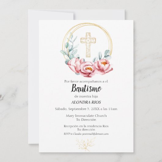 Taufe Spanische Einladung Mädchen, Blümchen (Vorderseite)