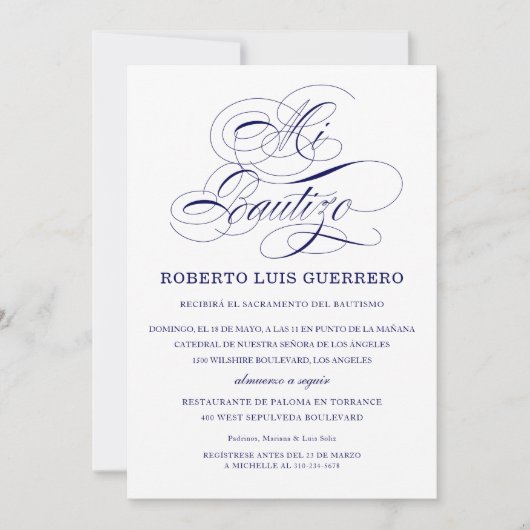 Taufe Spanische Sprache Navy Skript Mi Bautizo Einladung (Vorderseite)