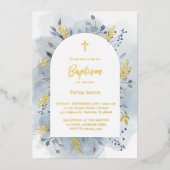 Taufe staubige blaue Aquarellgoldfolie Einladung (Vorderseite)