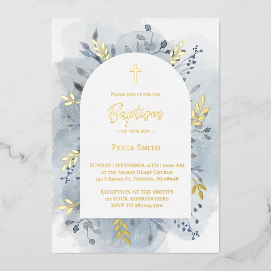 Taufe staubige blaue Aquarellgoldfolie Einladung (Vorderseite)