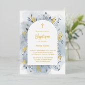 Taufe staubige blaue Aquarellgoldfolie Einladung (Stehend vorne)