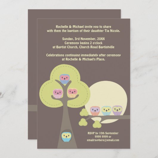 Taufe-Taufzeremonie-niedliche Eulen-Einladung Einladung (Vorne/Hinten)