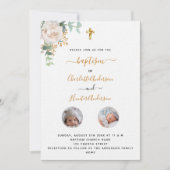 Taufe Twinde mit weißem blumengeschmücktem Foto Einladung (Vorderseite)