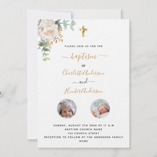 Taufe Twinde mit weißem blumengeschmücktem Foto Einladung (Vorderseite)