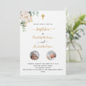 Taufe Twinde mit weißem blumengeschmücktem Foto Einladung (Stehend Vorderseite)