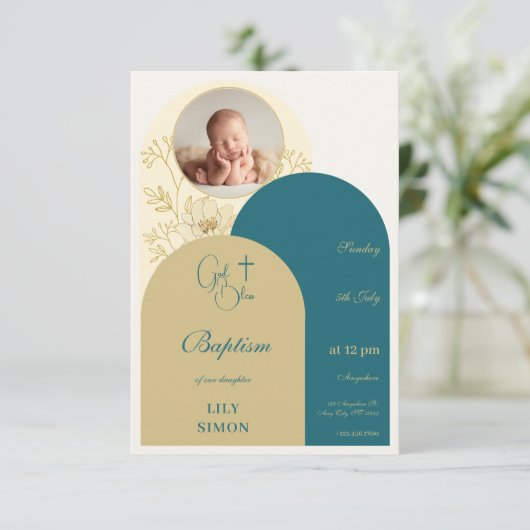 Taufe-UAWG mit aquamarinem Gold RSVP Karte (Stehend Vorderseite)