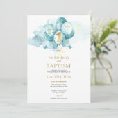 Taufe und 1. Geburtstag Blauer Ballon Einladung (Stehend Vorderseite)