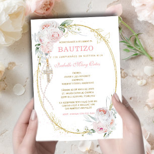 Taufe und Erster Geburtstag Mädchen Rosa Blumen Go Einladung
