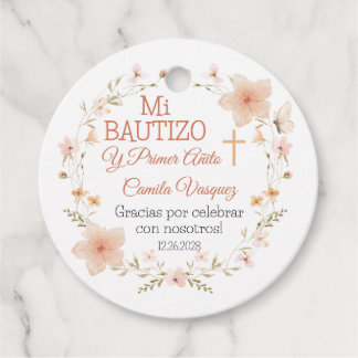 Taufe und erster Geburtstag Rosa Blumen Bautizo Geschenkanhänger