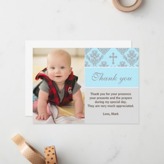 Taufe Vielen Dank, dass Sie die blaue Fotokarte Ch Mitteilungskarte (Vorderseite/Rückseite Beispiel)