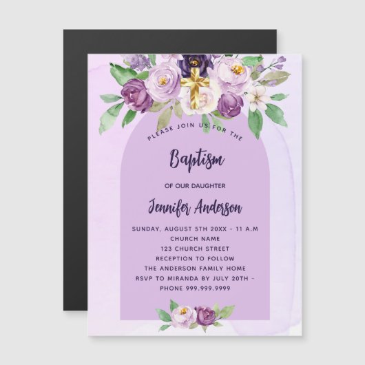Taufe violett violette Blumen überkreuzen Mädchen Magneteinladung (Vorne/Hinten)