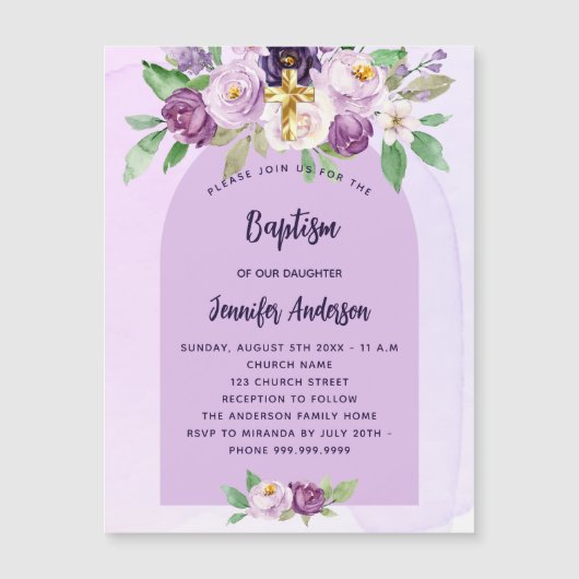 Taufe violett violette Blumen überkreuzen Mädchen Magneteinladung (Vorderseite)