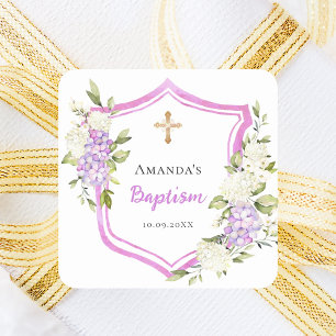 Taufe Wappen Rosa violette Blüte Mädchen Quadratischer Aufkleber