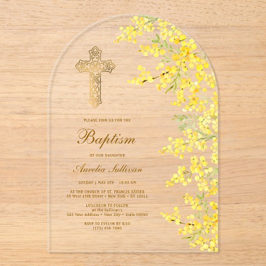 Taufe Wasserfarbe Mimosa Arch Acryleinladungen (Vorderseite)