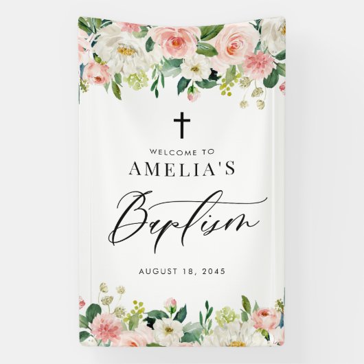 Taufe Wasserfarbe Weiße und blaue Blumengarten Banner (Vertikal)