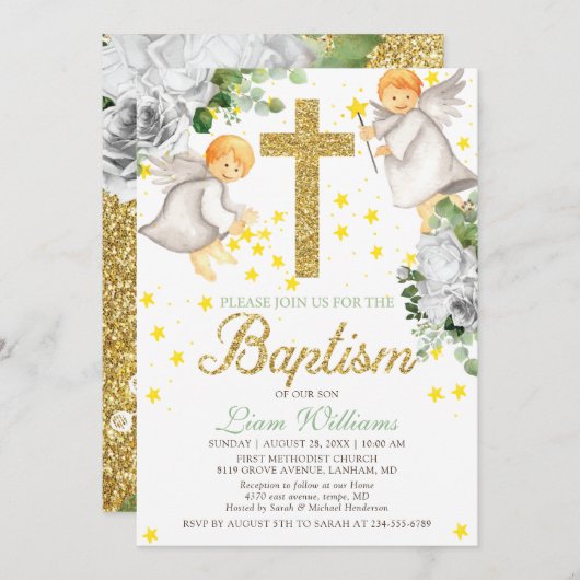 Taufe Wasserfarben Angels Gold Glitzer Einladung (Vorne/Hinten)