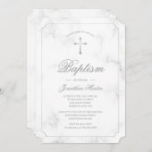 Taufe Weißer Marmor Silver Cross Script Boy Einladung (Vorne/Hinten)