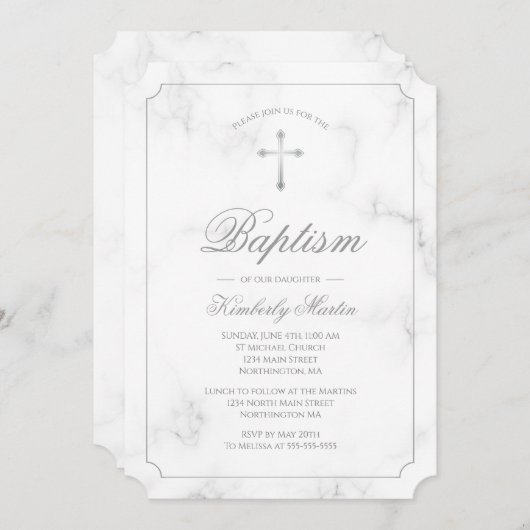 Taufe Weißer Marmor Silver Cross Script Einladung (Vorne/Hinten)