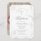 Taufe Weißmarmor Silver Cross Script Foto Einladung (Vorne/Hinten)